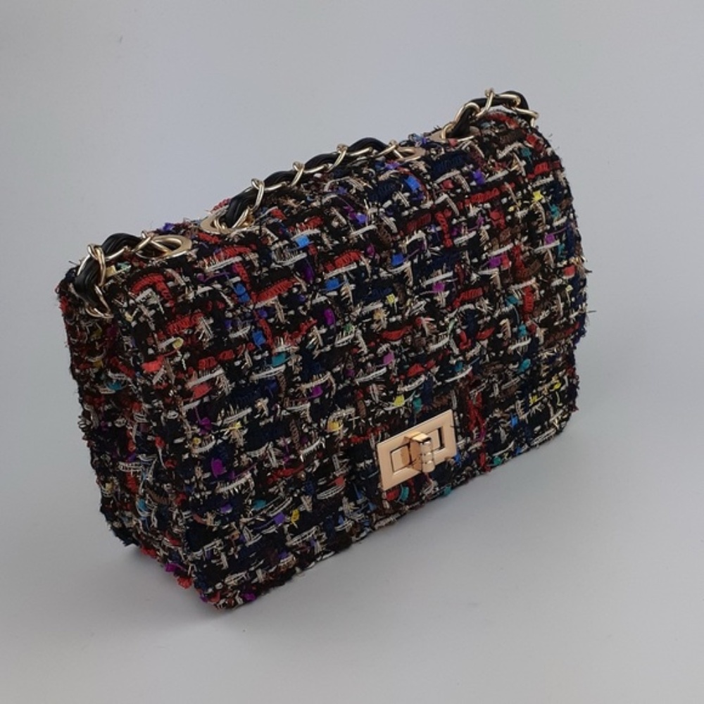 Nove Black-Multicoloured Quilted Metallic Tweed Flap Crossbody Bag